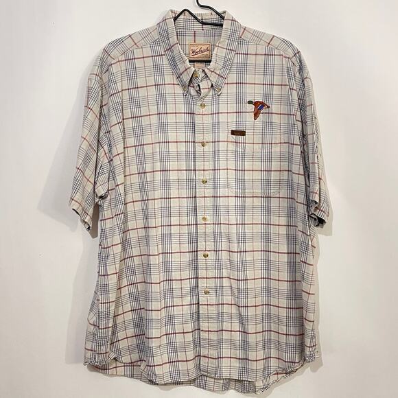 Woolrich Button Down Shirt Mens 2XL Mallard Duck Embroidery Beige Plaid Pocket - Picture 1 of 9